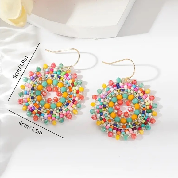 Bright Multi Colored Starburst Beaded Dangle Earrings - Picture 2 of 2